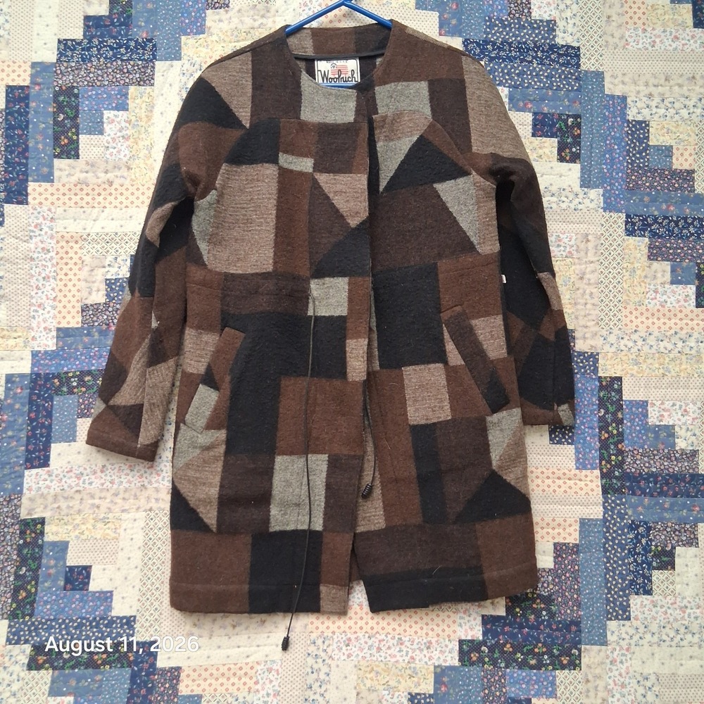 Vintage 80s Woolrich Womens Medium Wool Long Coat Abstract Geometric USA Made